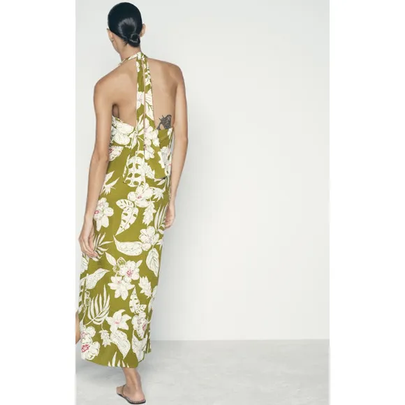 Zara Olive Green Tropical Floral Print Boho Halter Wrap Midi Dress Size Small