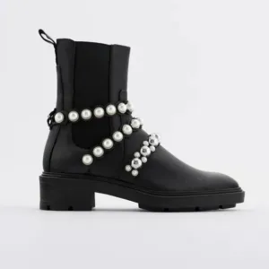 ZARA PEARL STRAP LOW HEELED LEATHER ANKLE BOOTS
