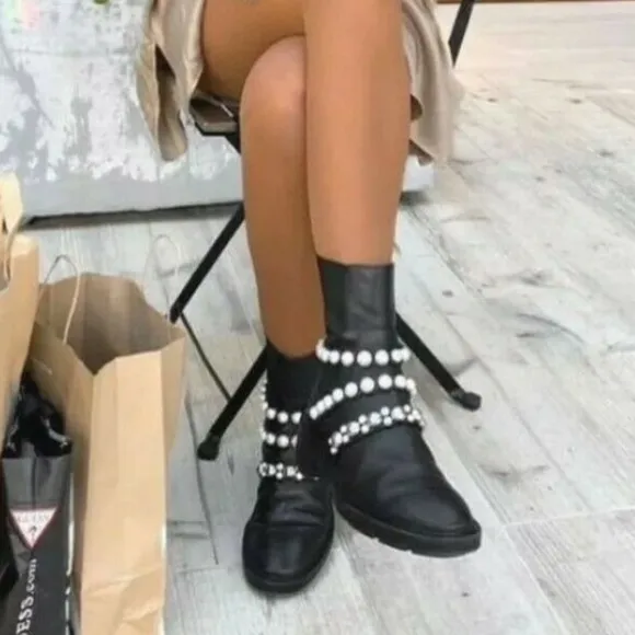 ZARA PEARL STRAP LOW HEELED LEATHER ANKLE BOOTS