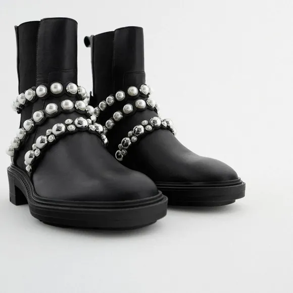 ZARA PEARL STRAP LOW HEELED LEATHER ANKLE BOOTS