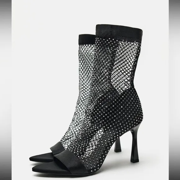 ZARA RHINESTONE MESH ANKLE BOOTS Stretch fabric bloggers favorite