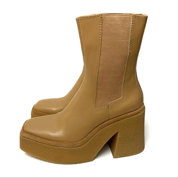 Zara Sand Leather Crepe Heel Platform Chelsea Ankle Boots NEW