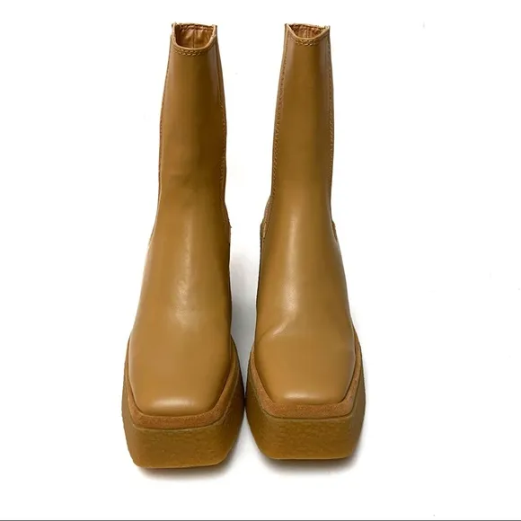 Zara Sand Leather Crepe Heel Platform Chelsea Ankle Boots NEW