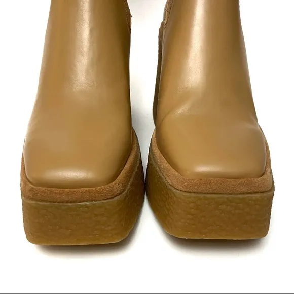Zara Sand Leather Crepe Heel Platform Chelsea Ankle Boots NEW