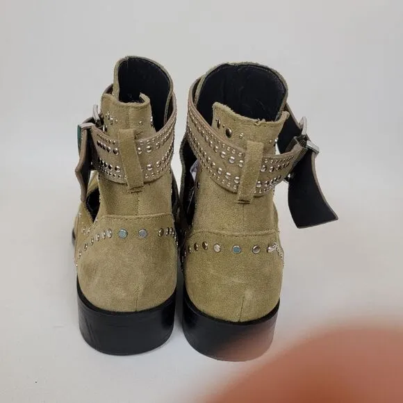 Zara studded leather suede olive green cutout ankle boots woman's shoes size 8