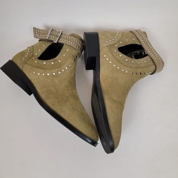 Zara studded leather suede olive green cutout ankle boots woman's shoes size 8