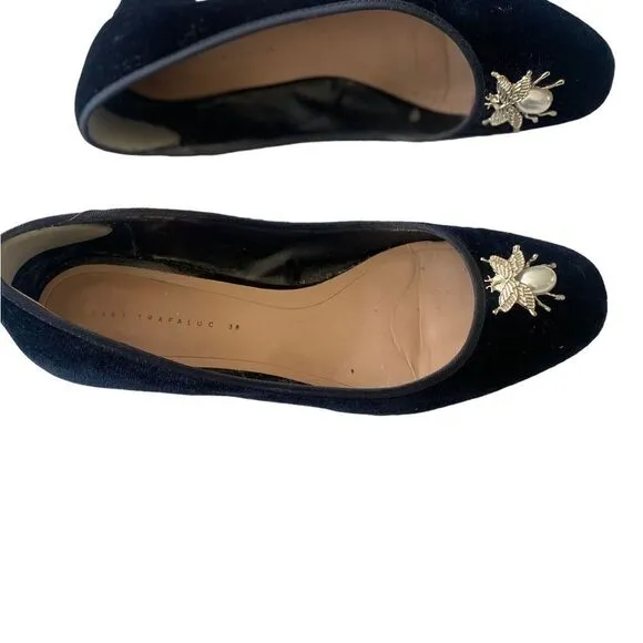 Zara Velvet Trafaluc Beetle/Bee Embellished  shoes limited edition SZ 38